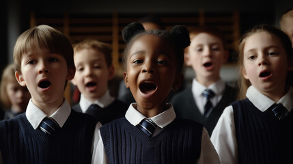 Diverse group of schoolchildren in uniforms singing during a choral presentation.
