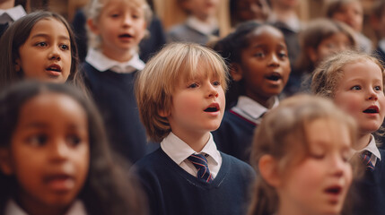 Group of children in school uniforms singing passionately during a choir performance.
