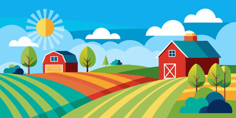 Idyllic farm scene with red barns and rolling hills