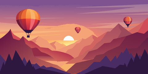 Fototapeta premium Hot air balloons soaring over majestic sunset mountains