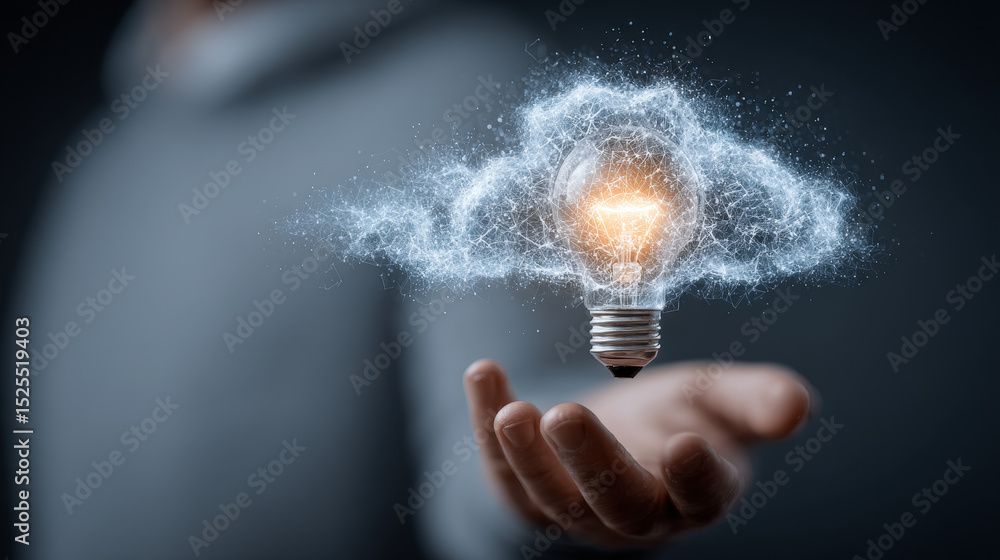 Aufkleber cloud security: hands of businessman holding light bulb and cloud security icon with data network di