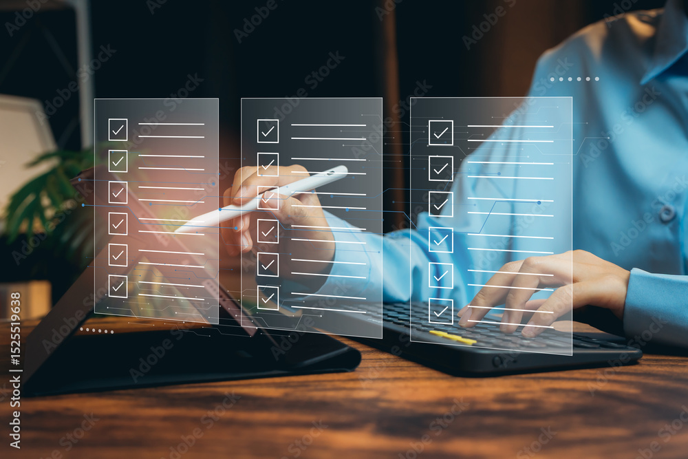 Poster check list concept. digital task management concept with checklist and pen in modern workspace setti