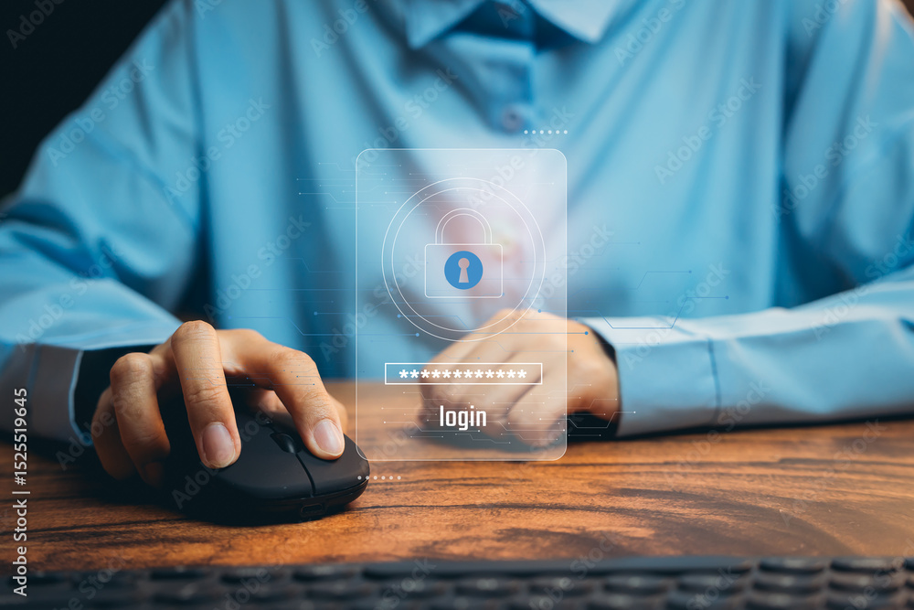 Poster businessman login concept. person using computer mouse for login with digital security interface on 
