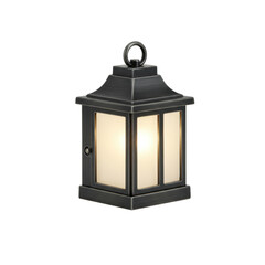 Miniature plug-in night light in classic lantern style with black brushed metal frame, frosted translucent panels, and warm amber LED glow, isolated against a transparent background with studio