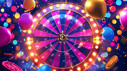 Colorful exciting Lucky Draw wheel, Wheel of Fortune casino roulette. Game show wheel, prize wheel host. Casino bonus lucky draw. Spin wheel, game show wheel with confetti, balloons and chips