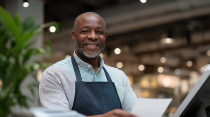Checkout counter worker scanning items at a cash register
