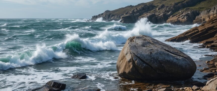 Stormy sea waves crashing against rocks on a rugged coastline. Nature and ocean scenery, turbulent water, coastal landscape. - Powered by Adobe