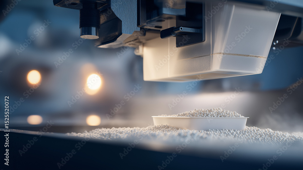 Poster close-up of an industrial 3d printer creating an object with powdered material.
