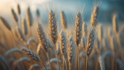Fototapeta premium Close-up of wheat stalks in a field during golden hour, emphasizing the texture and details of the grains.