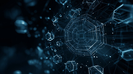 Abstract dark 3D structure with glowing blue polygonal network patterns.
