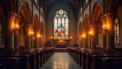 Serene church interior bathed in the warm glow of candlelight, illuminating ancient architecture and stained-glass details Perfect for themes of peace, faith, and spirituality , shadow, faith