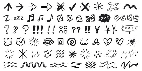 Hand-drawn doodle vector icons and elements including arrows, check marks, crosses, music notes, symbols, and weather graphics for creative and informal design projects