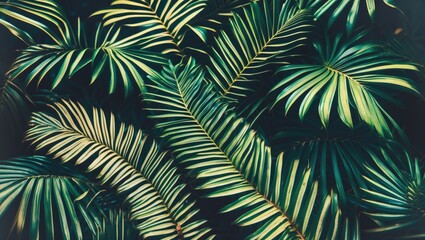 Lush tropical palm leaves with vibrant green shades and textured foliage.