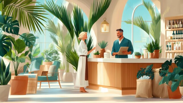 A garden center employee assisting a customer in a bright, lush environment