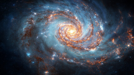 A detailed spiral galaxy with glowing stars and cosmic dust in space.