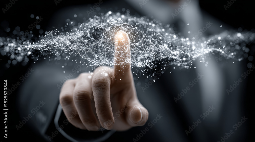 Poster iot: businessman touching digital global network of internet of things (iot) data exchange. seamless