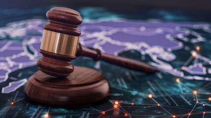 Gavel, block and globe legal background civil law. World order international crime celsius scale. International criminal court, international arbitration law. Cyber update, justice inequitable concept