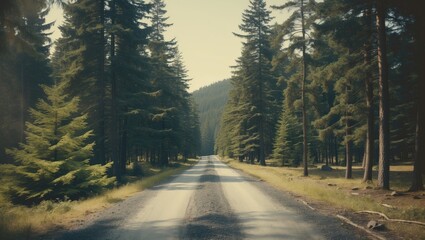 A dirt road through a dense forest of tall pine trees with sunlight filtering through the branches.