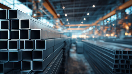 Stacked rectangular steel pipes inside a modern industrial warehouse.