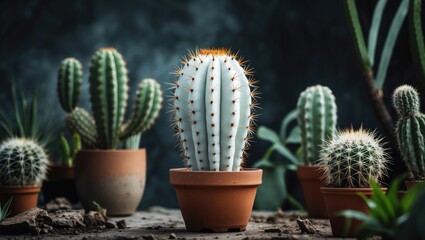 Cacti of various types in pots, with the central large cactus in focus, against a dark background.