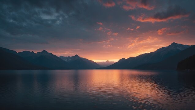 Beautiful mountain landscape with a lake at sunset, showing vibrant colors in the sky and calm water reflections. - Powered by Adobe