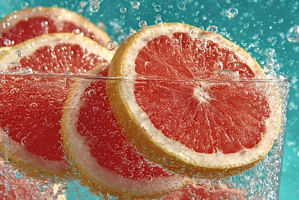 Poster grapefruit slices are submerged in a glass of sparkling water, creating a refreshing and visually ap