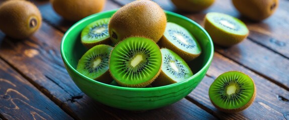 Fresh kiwi fruits in a green bowl on a wooden surface. Juicy and vibrant, perfect for snacking or making smoothies.