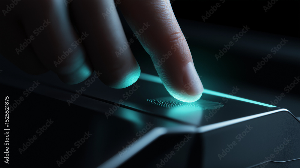 Poster a glowing fingerprint scan as a finger touches a biometric sensor.