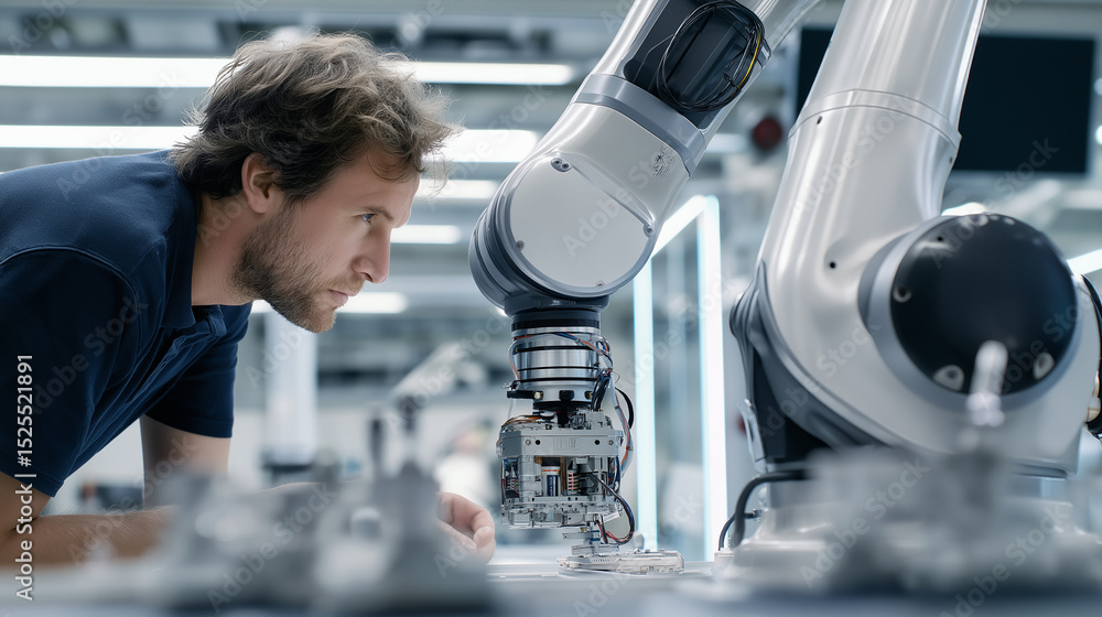 Aufkleber a male engineer working closely with a robotic arm in a high-tech lab.