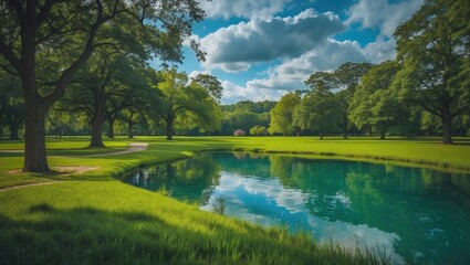 Lush green park with a calm water body, tall trees, and a partly cloudy sky. Nature and outdoor landscape scene. The serene environment of a park.