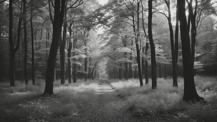 Obraz premium A forest pathway through tall trees with a foggy, monochromatic atmosphere. Tranquil and mysterious woodland scene in grayscale.