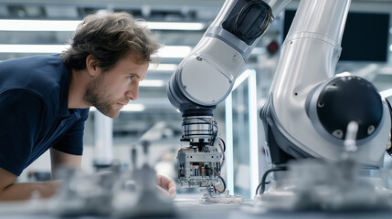 A male engineer working closely with a robotic arm in a high-tech lab.