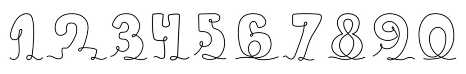Arabic Numbers One Continuous Line Drawing set. Minimalistic Numerals icon, one outline lineart symbols. Vector Illustration. Hand Drawn Monoline. Editable stroke. Isolated on white background. Not AI