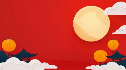 MidAutumn Festival Celebration Asia Flat Cartoon Banner Festive Environment Bird's Eye View