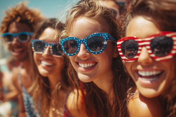 Group of friends celebrating Independence Day wearing festive sunglasses and enjoying summer