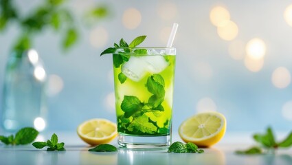 Fototapeta premium Fresh mint and lemon in a drink with ice, fresh lemon slices and mint leaves on the table, with bokeh lights in the background.