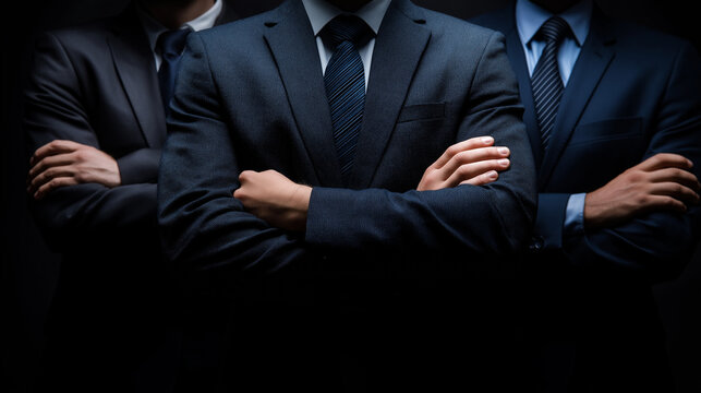 Three men in dark suits standing side by side, partially lit in a dramatic setting.