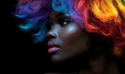 Young African woman with vibrant rainbow colored hair against dark background, dramatic side profile highlighting glossy lips and luminous skin. For beauty and fashion.