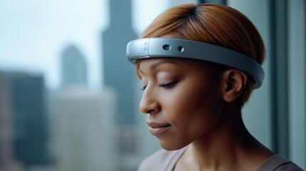 A woman meditates peacefully while wearing a futuristic brainwave headset, blending mindfulness with advanced neurotechnology.
