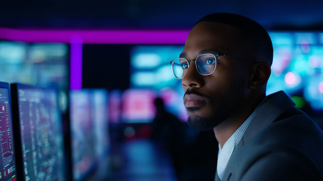 A cybersecurity analyst monitors multiple screens in a dark command center, staying alert for threats and data breaches.
