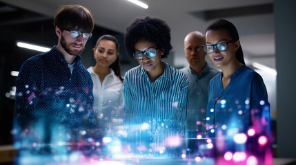 A diverse team of professionals collaborates over a glowing digital interface, visualizing futuristic data and analytics in a high-tech workspace.
