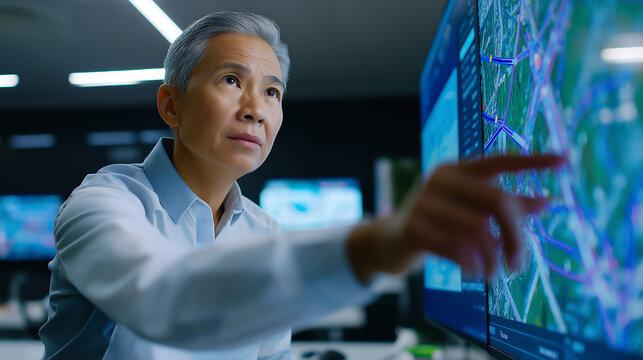 A male engineer uses a transparent digital interface in a smart factory, navigating futuristic blueprints and control panels.
