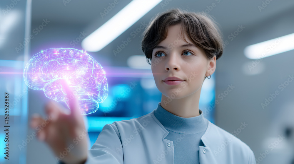 Poster a young scientist interacts with a glowing holographic brain interface in a high-tech lab, exploring