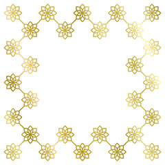 Golden metal frame with flowers isolated on white. Vector square frame. Frame for text, certificate, pictures, postcard. Element for design. Gold, luxury 