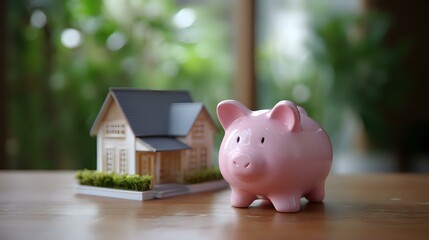 Pink ceramic piggy bank next to miniature house model on wooden table with blurred green background, representing savings and real estate investment concept.