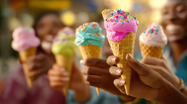 Friends hold up colorful ice cream cones in celebration, creating a joyful and vibrant group toast outdoors.
