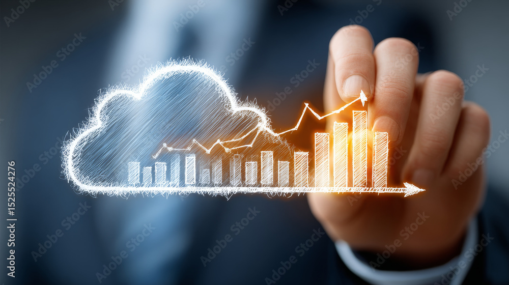 Poster backup: businessman analyzes data strategy with graph on digital screen. data recovery, cloud storag