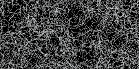 Black scribble chaos seamless bg with white pen strokes texture. Doodle curly insane tangled background. Chaotic swirl lines in vector illustration