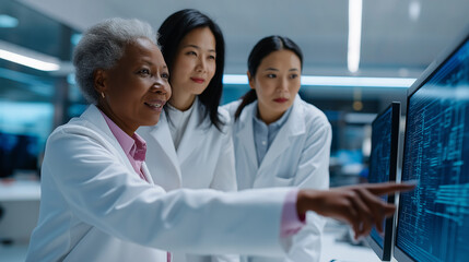 Fototapeta premium Three female scientists in lab coats analyze data on a digital display in a modern laboratory, engaged in collaborative research. 