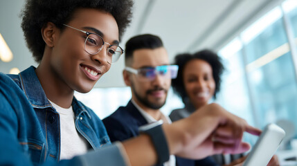 A smiling young woman points at a digital tablet during a meeting with two colleagues in a modern office environment.
